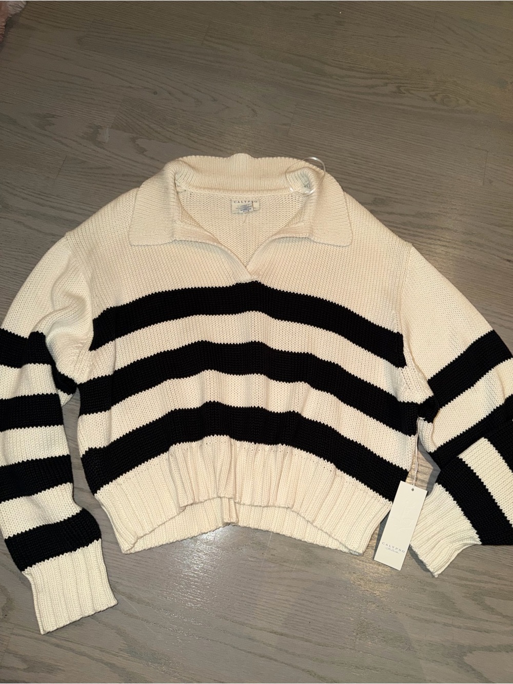 Calypso St. Barth Cream & Black Striped V-Neck Cropped Sweater